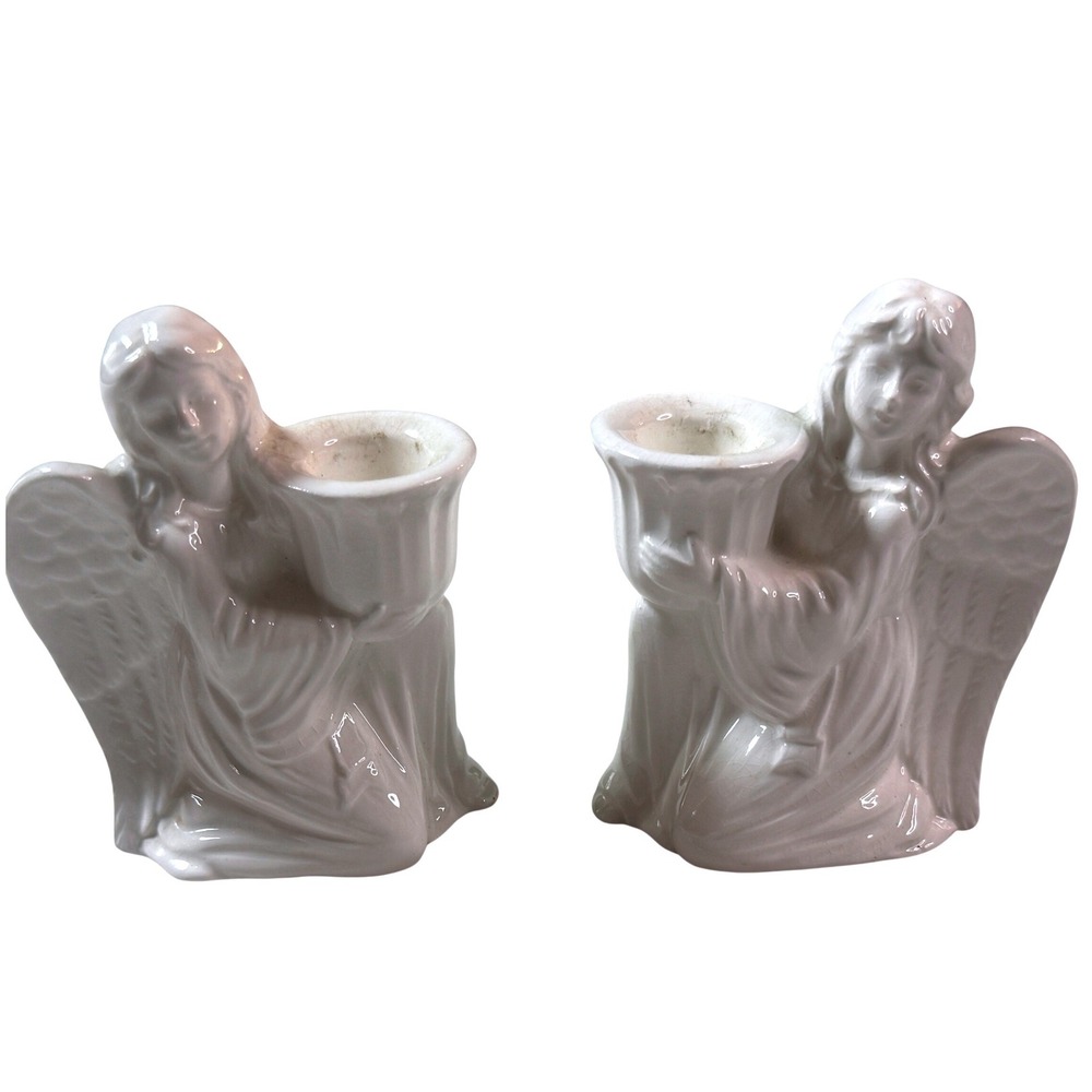 Vintage Norcrest Angel Candle Holder Set White Ceramic Mid Century Cottage Japan